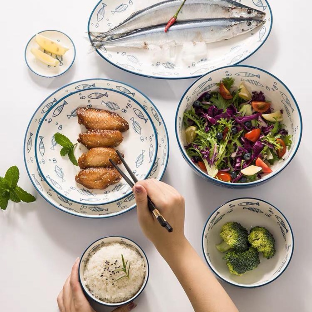 Bộ bát đĩa cá xanh lam nhẹ nhàng, tươi sáng