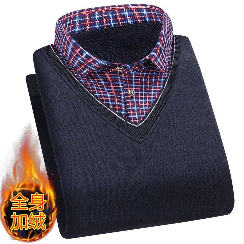 Áo Sweater Giả Hai Lớp Lót Lông Cừu Dày Dặn Phong Cách Mới Mùa Đông Cho Nam Trung Niên