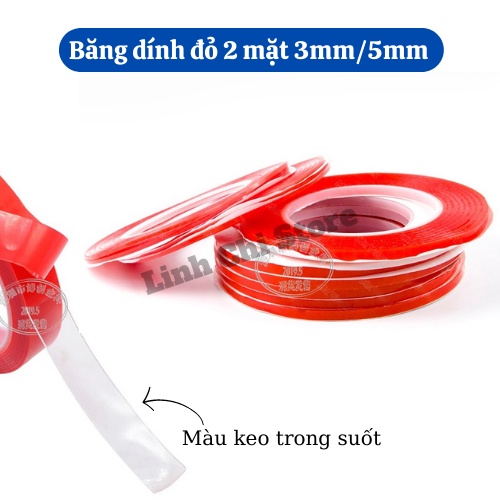 Băng dính đỏ hai mặt 3mm 5mm (keo trong suốt)