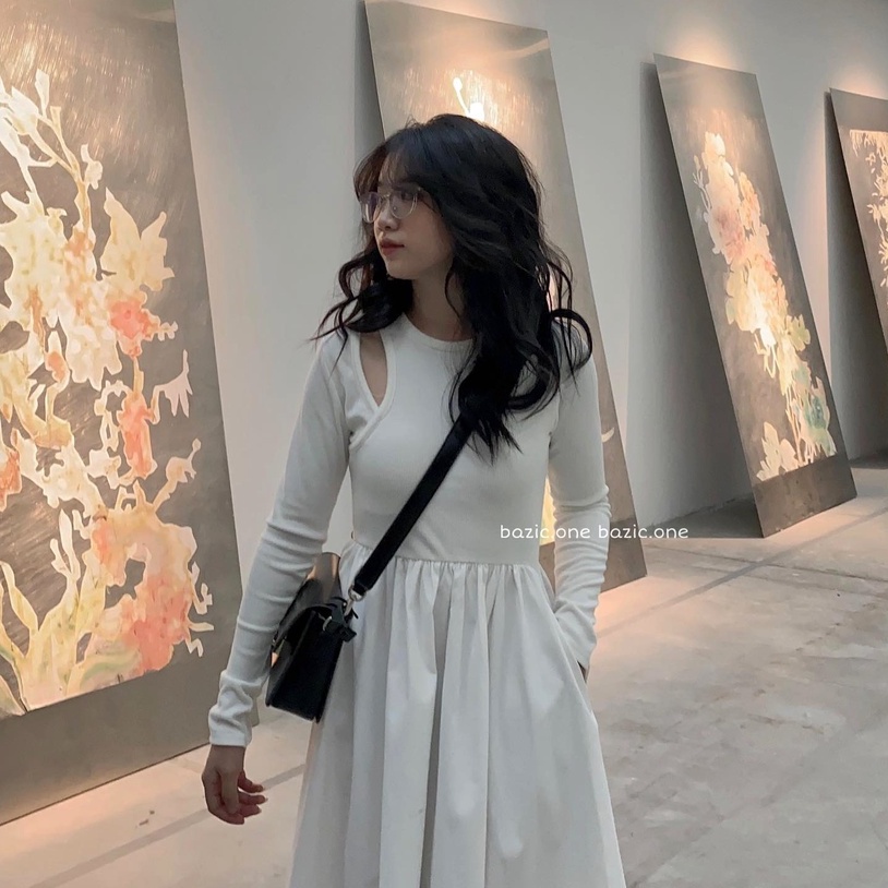 Váy xòe dáng dài, đầm nữ dài tay khoét vai midi trơn basic hàn quốc dài qua gối freesize hàn quốc Ylydress C1232