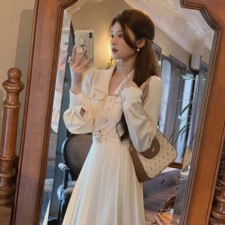 Đầm Dài Tay Cổ Chữ V Phong Cách Hepburn Cao Cấp Thời Trang Xuân Thu Kiểu Mới Cho Nữ