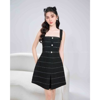 Váy dạ tweed kẻ ngang đính cúc đá tiểu thư Helen Dress