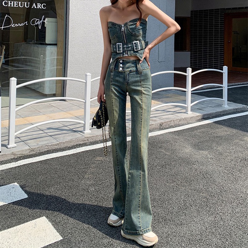 IELGY Quần denim Dài Co Giãn Màu Xanh Dương Phong Cách retro Dễ Phối Đồ Cho Nữ