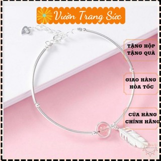 Vòng tay bạc S925, Vòng tay bạc Ý đá hồng dâu tây lông vũ xinh xắn Vườn Trang Sức