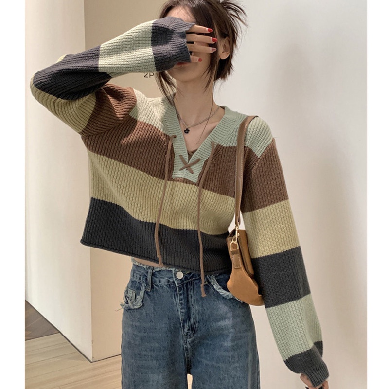 Áo Sweater Tay Dài Kẻ Sọc Màu Sắc Tương Phản Phong Cách Hàn Quốc