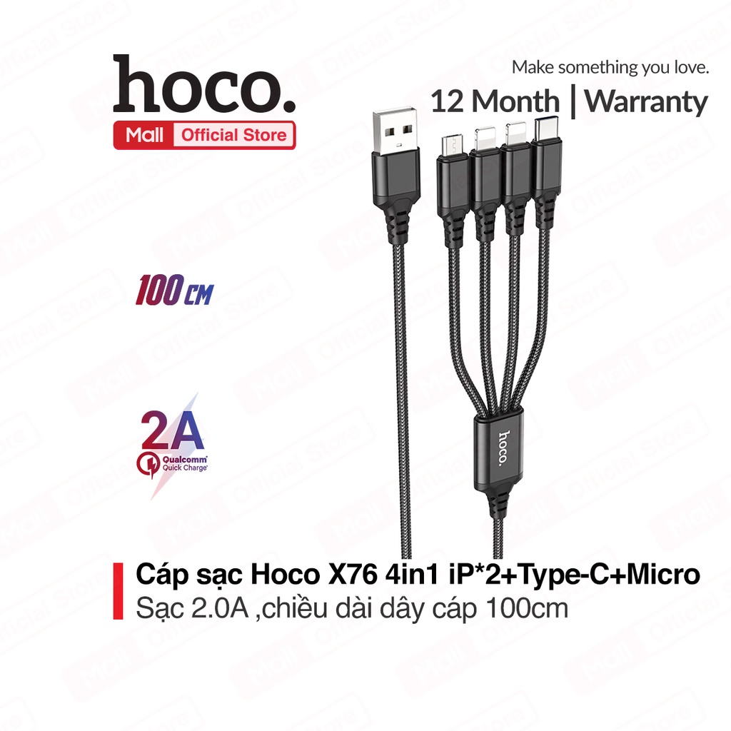 Dây sạc Hoco X76 4-in-1 2Lightning + Type-C + Micro hổ trợ sạc 2.0A dây dù chống gẫy dập dài 100cm dành cho Smartphone