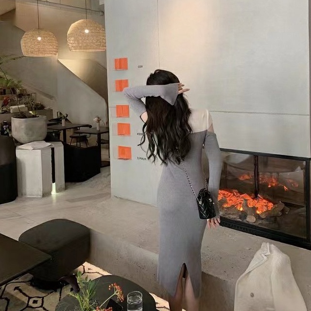 Đầm SUXI tay dài dệt kim ôm dáng phối hai màu cổ điển thời trang thu đông dành cho nữ