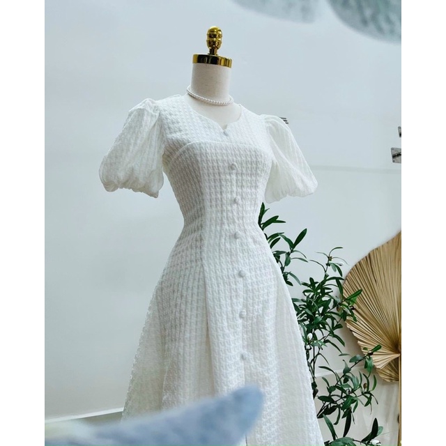 Đầm nhún xốp cổ tròn chất vải ô vuông 2 lớp Tara