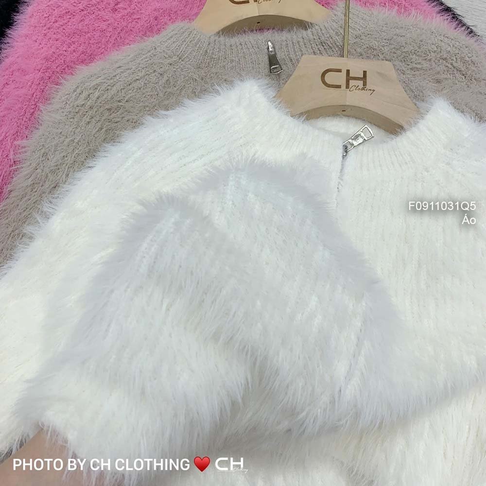 Áo len lông croptop kéo khóa tay dài hàng QC
