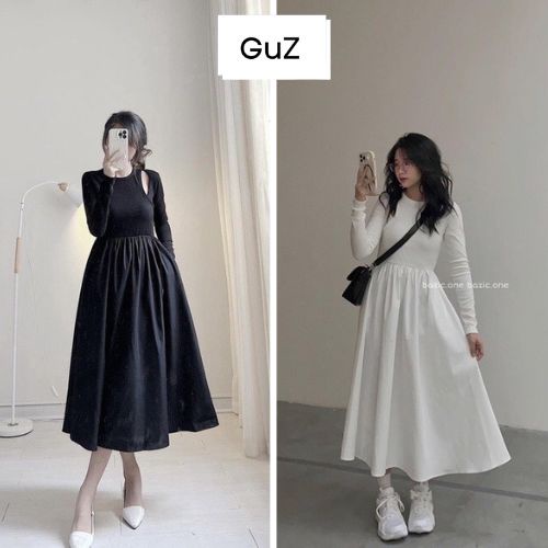 Đầm tay dài thiết kế khoét vai dáng xòe ôm body màu trắng, đen mặc 4 mùa đều hợp GUZ
