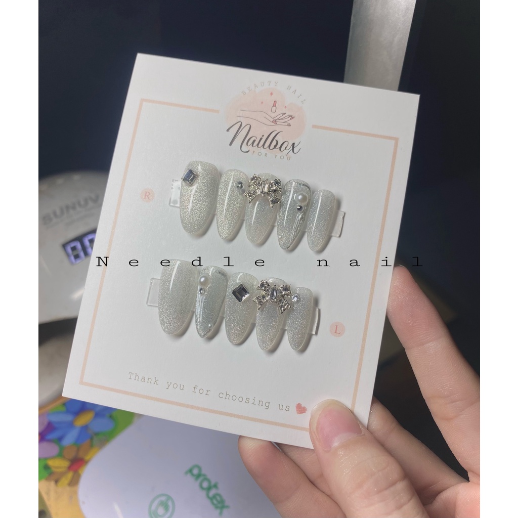 Sét 10 móng tay giả mắt mèo kim cương đính charm nơ xinh xỉu