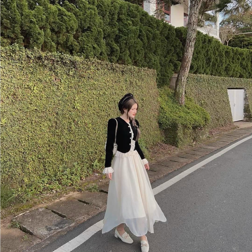 Set đầm thu đông 2023 áo tay dài bèo mix chân váy voan tơ có lót dày dặn - Set tiểu thư thu đông mới nhất