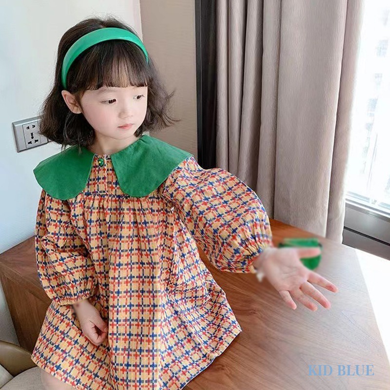 Đầm Công Chúa Dáng Suông Tay Phồng Kẻ Sọc Caro Nhiều Màu Cổ Điển Thời Trang Xuân Thu Phong Cách Hàn Quốc Cho Bé Gái