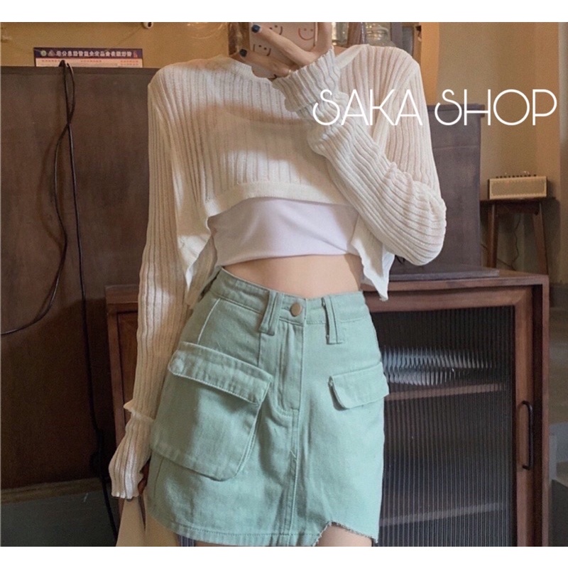Set áo croptop trơn nữ tay dài phong cách Hàn Quốc vải thun gân mịn