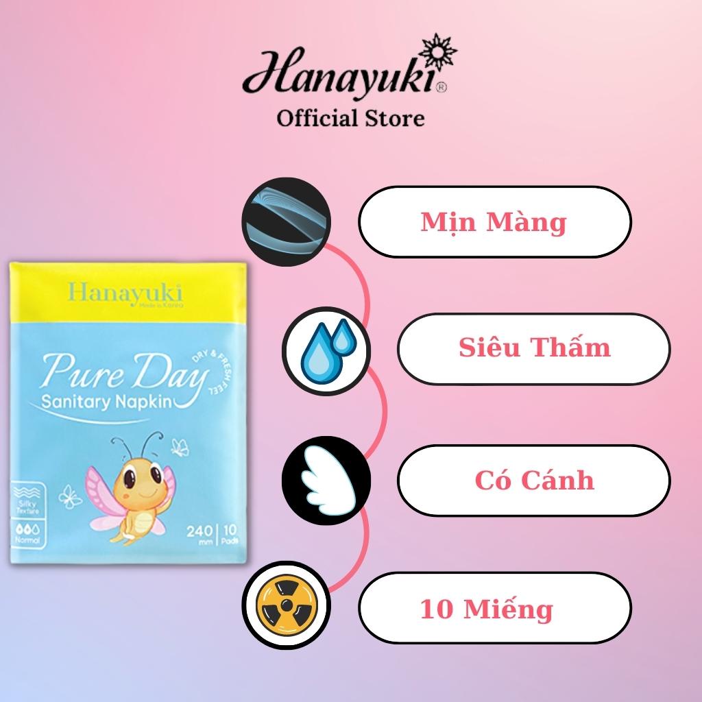 Băng Vệ Sinh Ban Ngày Pure Day Sanitary Napkin Mỏng Nhẹ Siêu Thấm Gói 10 Miếng Có Cánh Size M Hanayuki Chính Hãng