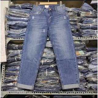 Quần Jean nữ baggy ống suông có bẻ lai & tua lai