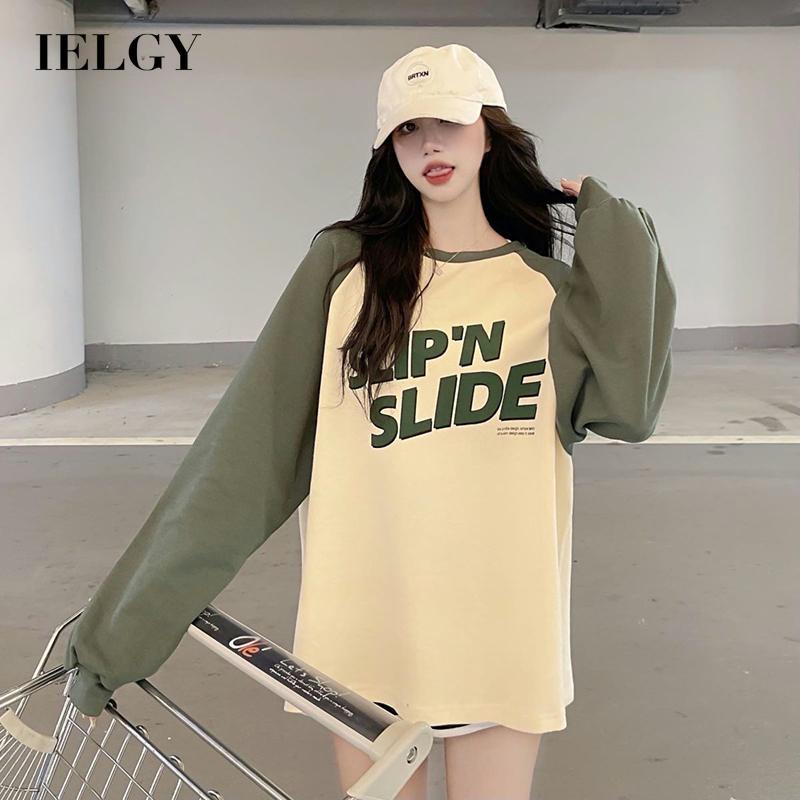 IELGY  Áo Thun Nữ Dài Tay Cổ Tròn In Chữ