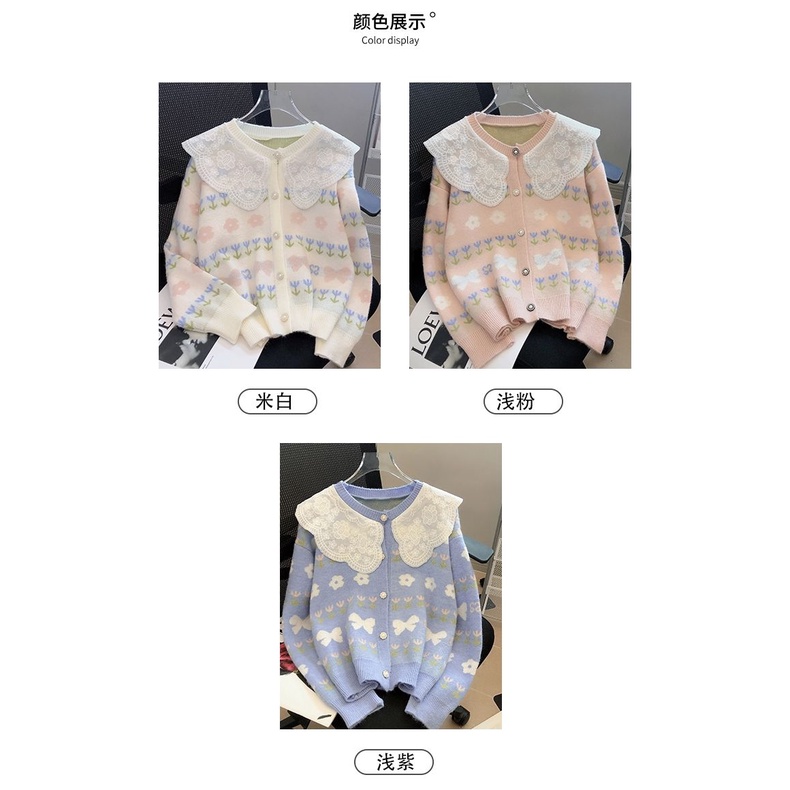 Áo Khoác Cardigan Dệt Kim Cổ Búp Bê Phối Ren Thời Trang Mùa Thu 2022 Mới Cho Nữ