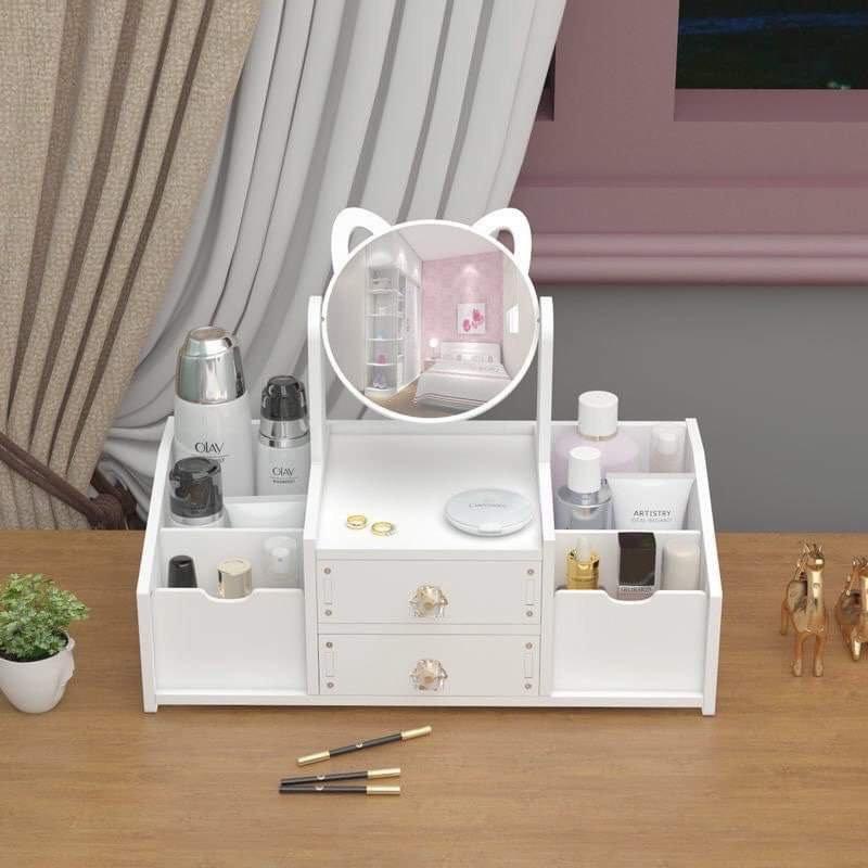 Kệ mỹ phẩm bàn trang điểm mini có 2 ngăn kéo kèm gương tai mèo dễ thương MIROHOME