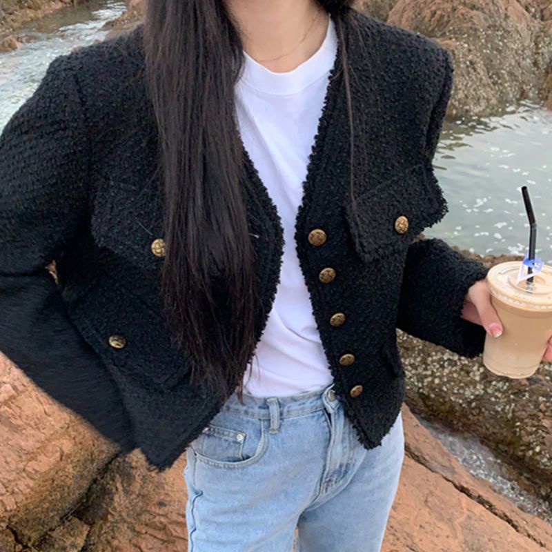 Áo Khoác Ngắn Màu Đen Phong Cách Hàn Quốc Cổ Điển Thời Trang Xuân Thu Dành Cho Nữ