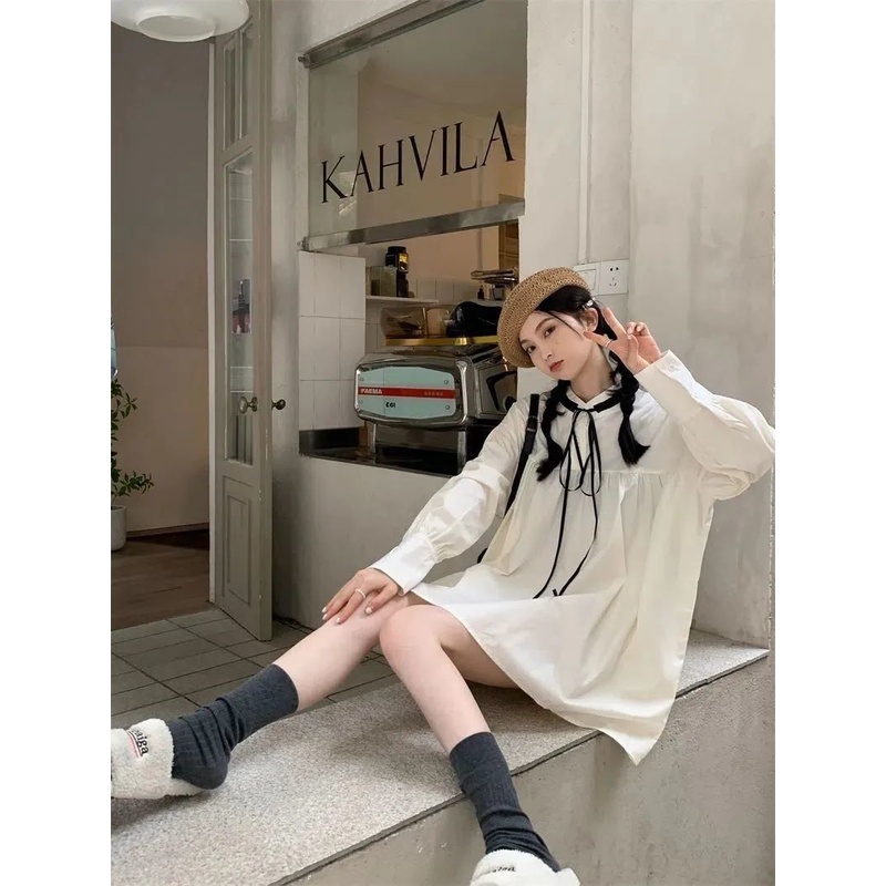 Đầm Búp Bê Tay Dài Cột Dây Dễ Thương Xinh Xắn Dành Cho Nữ