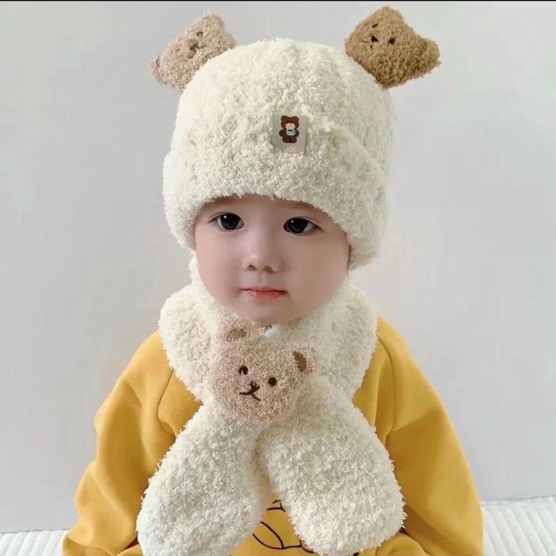 Sét khăn mũ tai gấu nâu siêu dày ấm mịn cho bé yêu