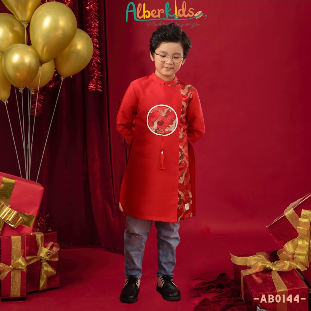 Áo dài bé trai alberkids đỏ gấm phối tùng hạc cho trẻ em 3,4,5,6,7,8,9,10 - ảnh sản phẩm 1
