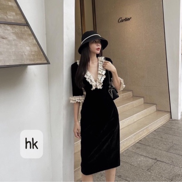 Váy thiết kế nhung pha ren hàng Quảng Châu cao cấp (Kèm ảnh thật)