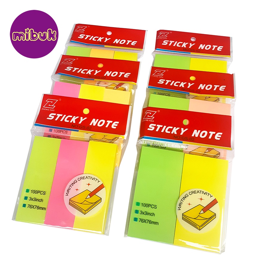 Giấy note 3x3 100 tờ chia 2 màu 3 màu tông dạ quang dùng ghi chú Sticky note ZHENG HAO