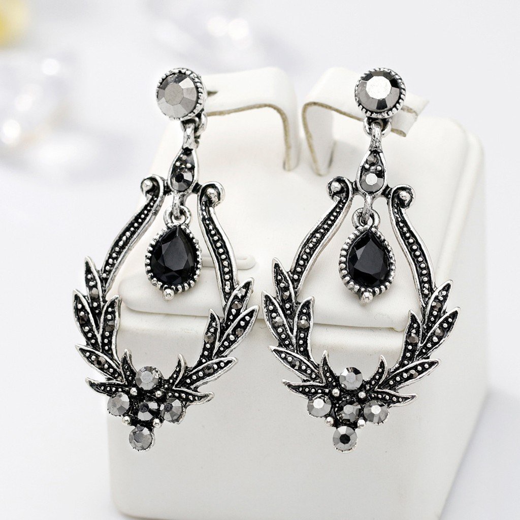 Khuyên tai bông tai chiếc lá đen đính đá phong cách Bohemian cổ điển sang trọng thời trang nữ