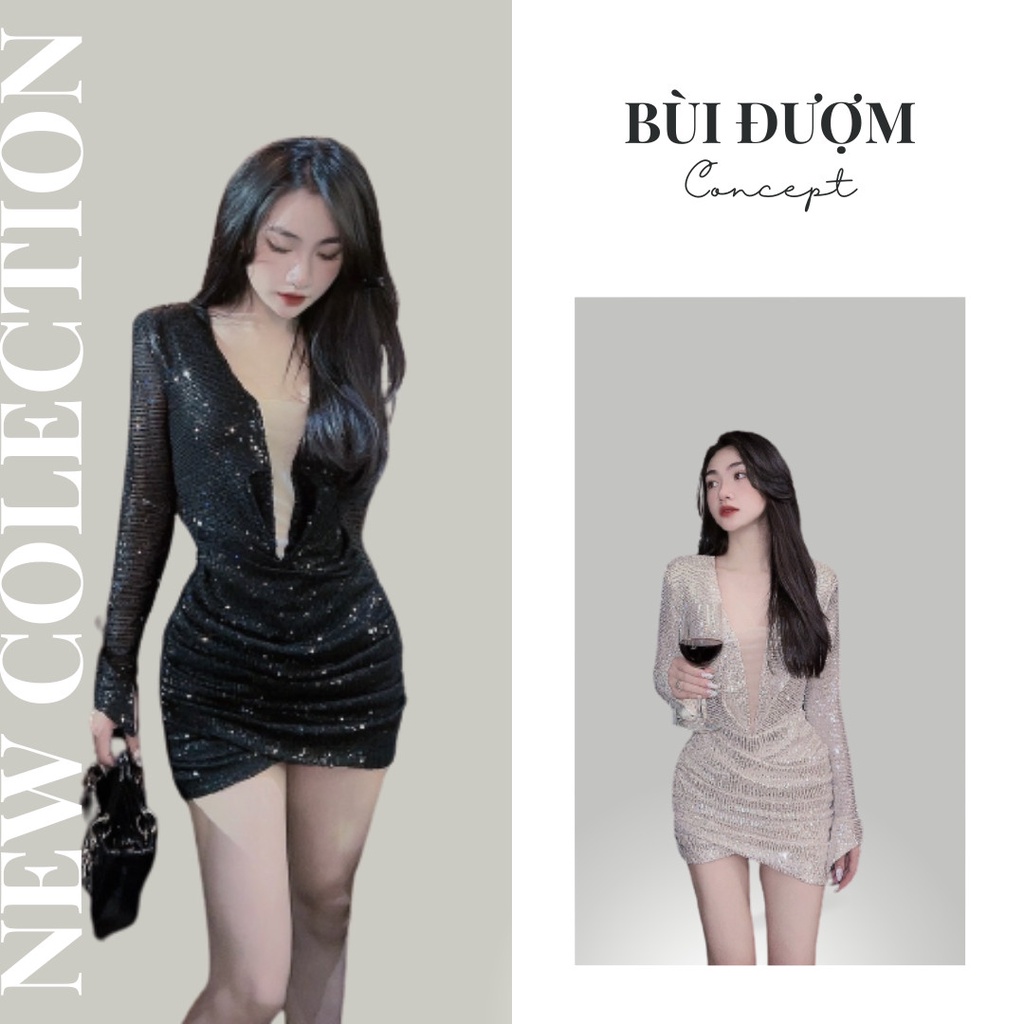 Váy Kim Sa Body Bling Khoét Ngực Bùi Đượm Concept, Đầm Dự Tiệc Body Tay Dài Xẻ Ngực Bling Lấp Lánh Màu Bạc - Đen BĐ51
