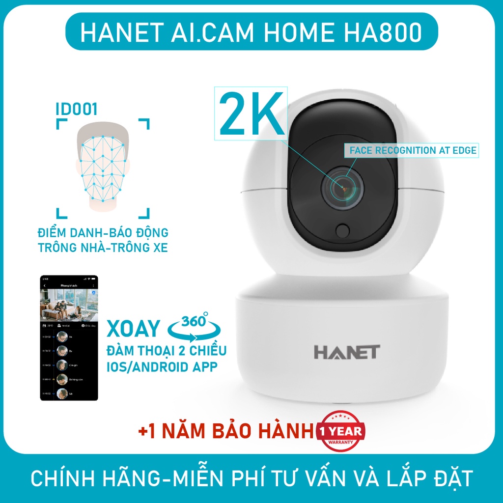 Camera Quan sát HANET HOME HA800 Nhận dạng khuôn mặt và cảnh báo người lạ , video 2K, đàm thoại 2 chiều