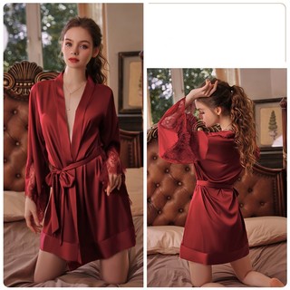 Áo choàng lụa tay phối ren kèm đai lụa thắt eo cao cấp gợi cảm bs-1001
