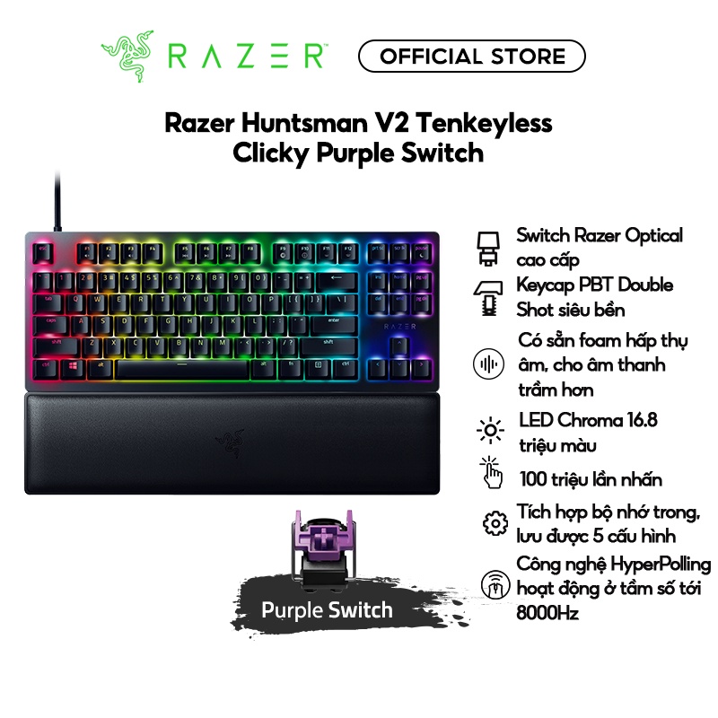 Bàn phím cơ có dây Razer Huntsman V2 Tenkeyless Và Fullsize | Kèm kê tay |  Led RGB | 100 triệu lần nhấn | Keycap PBT