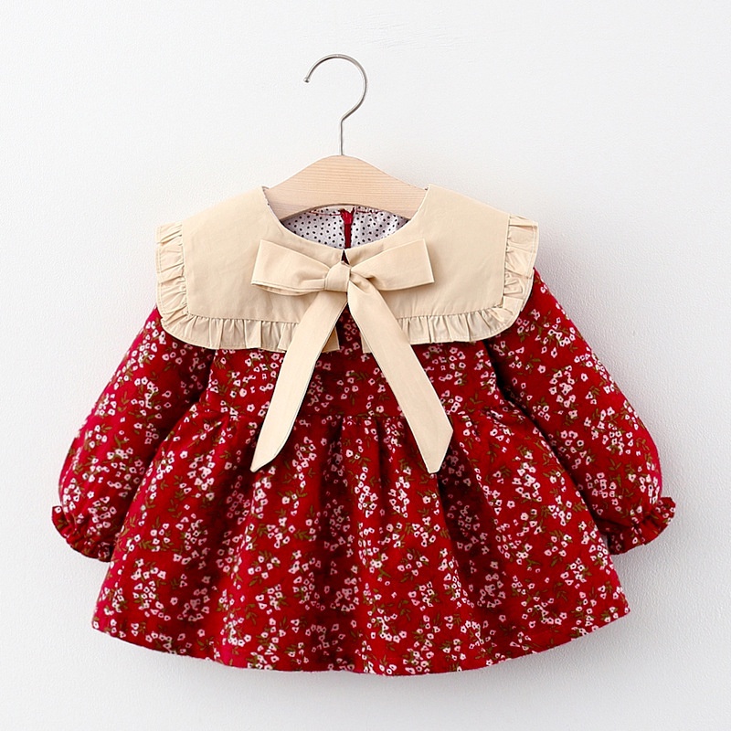 Váy đầm dài tay hoa nhí kiểu vintage Hàn Quốc chất dày dặn siêu đẹp cho bé từ 9 tháng đến 4 tuổi hàng QCCC