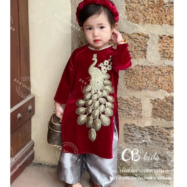 áo dài nhung mềm quần lụa cao cấp cho be gái