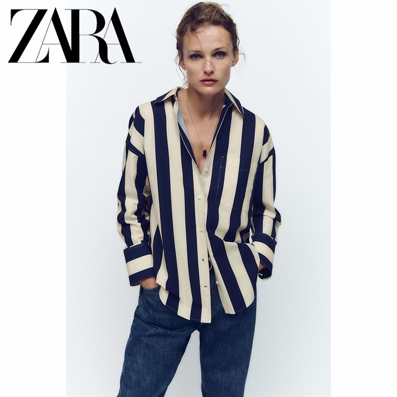 Zara Áo Sơ Mi Dáng Rộng Hoa Văn Kẻ Sọc Thời Trang Mùa Thu Đông Dành Cho Nữ