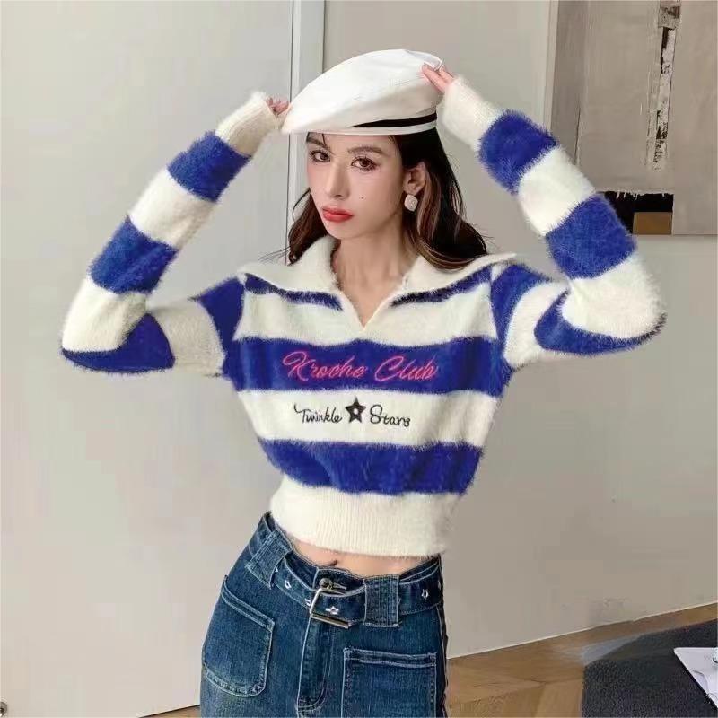 Áo Croptop Dệt Kim Tay Dài Hoạ Tiết Kẻ Sọc Màu Sắc Tương Phản