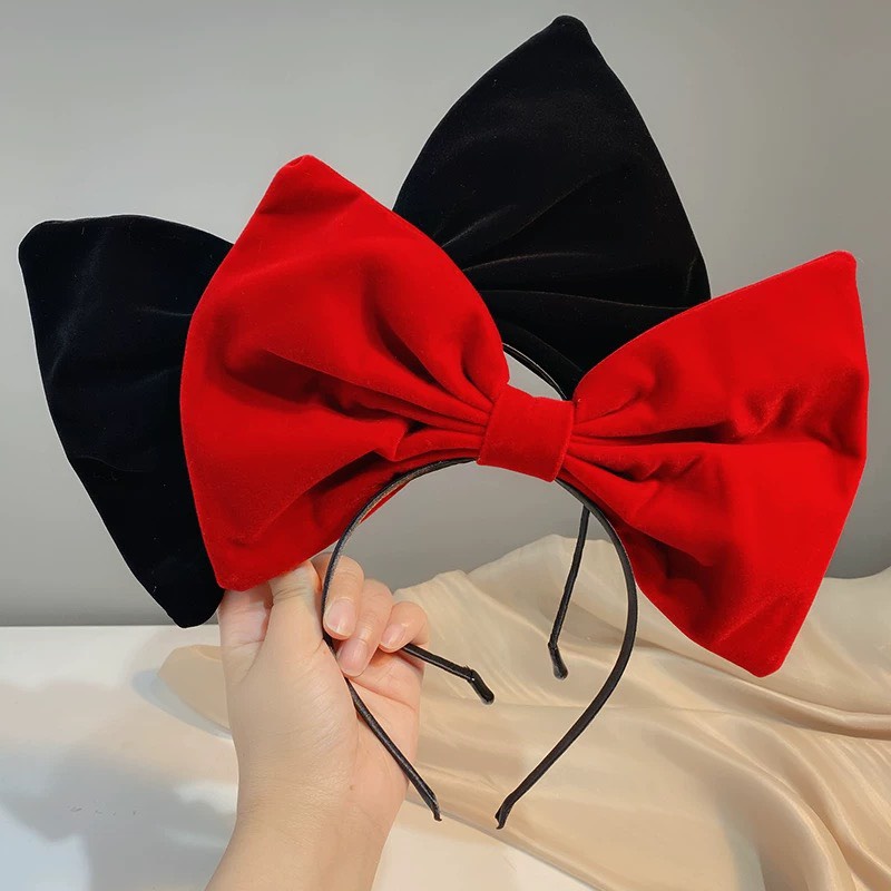 Bờm tóc nơ nhung, băng đô cho bé gái phom nơ siêu to màu đen và đỏ - L002