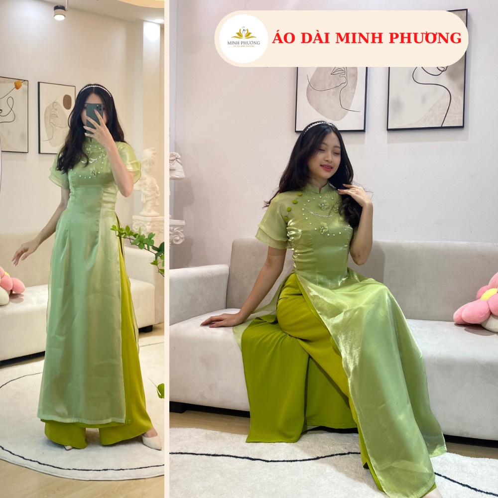 Áo dài nữ màu xanh cốm lụa tơ cao cấp 4 tà thiết kế tay bồng hoa thêu cách điệu.