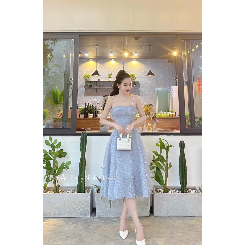 Đầm lông vũ Hot Girl 2 Dây Dự Tiệc Thiết Kế, Đầm Tiểu Thư Sang Chảnh Cao Cấp Dáng Dài