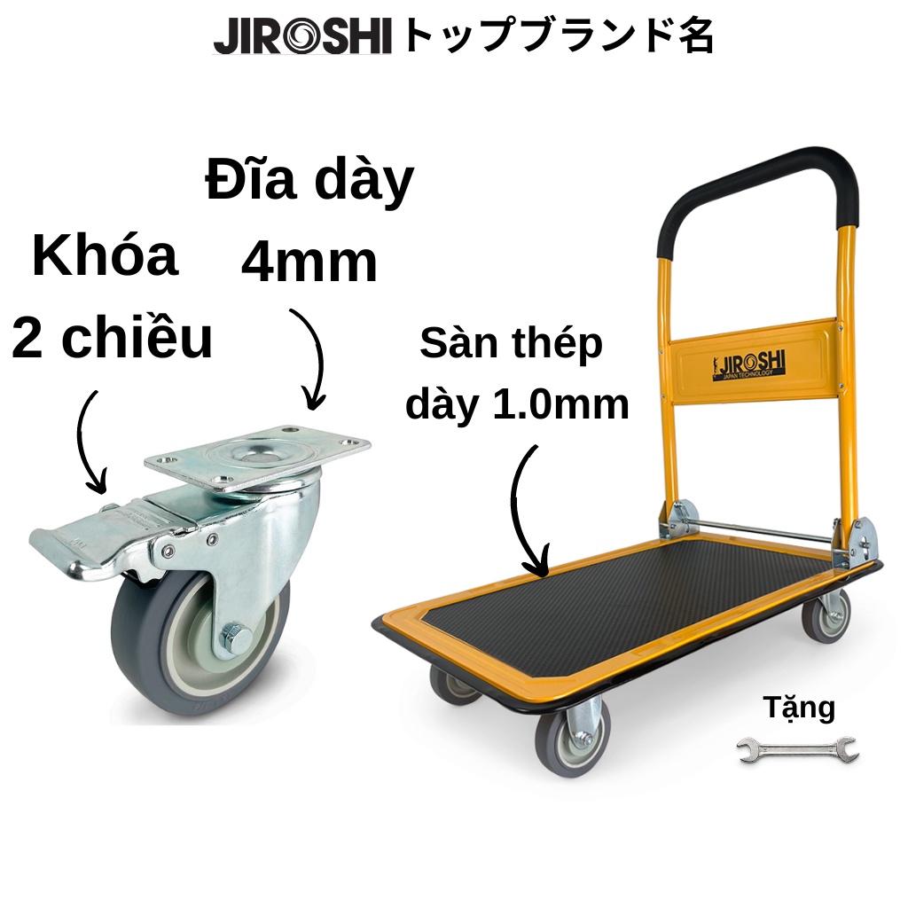 Xe đẩy hàng gấp gọn 4 bánh 150kg JIROSHI bánh xe chống ồn có khóa, xe kéo hàng chở đồ tay xếp gọn tải nặng bánh êm nhật