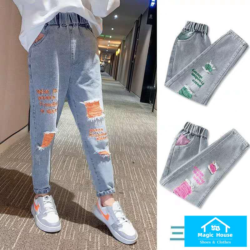 Quần Denim Dài Dáng Rộng Rách Lỗ To Phong Cách Phương Tây Mới 2022 Dễ Phối Đồ Cho Bé Gái