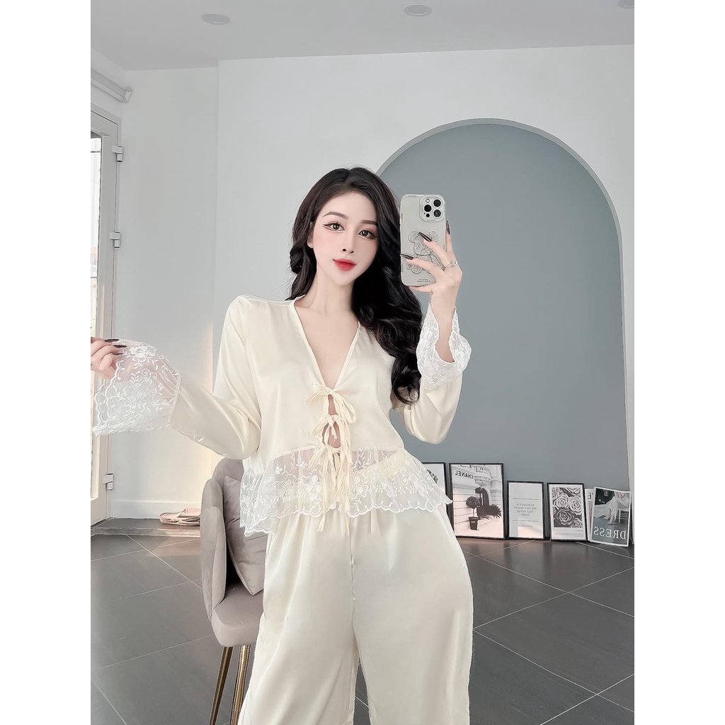 Đồ bộ nữ, đồ ngủ tiểu thư, lụa satin phối ren, chất liệu lụa mềm mịn, thoáng mát