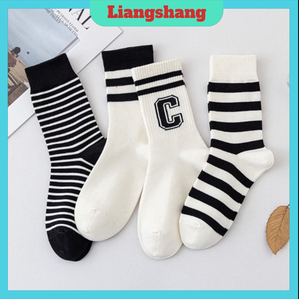 Set 8 đôi tất chữ CFREESHIPVớ cotton Kẻ Sọc Đen trắng thể thao cổ cao phong cách thể thao, trẻ trung, năng động.