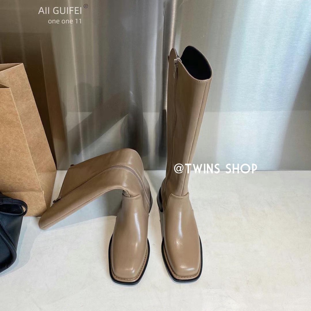 HÌNH THẬT Boots đùi nữ đứng form boots trà sữa mũi vuông