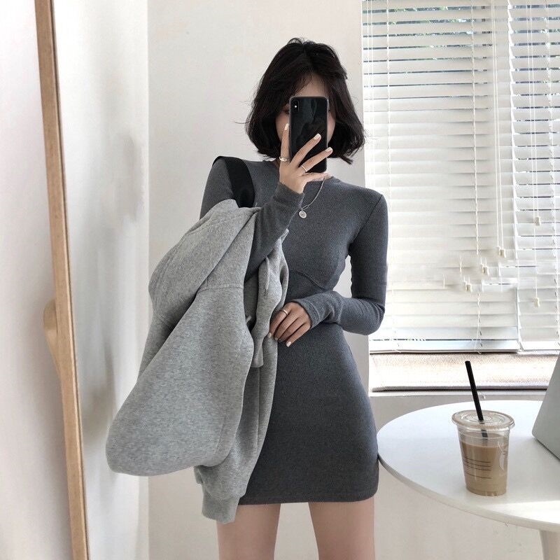 SUXI Set Đầm Tay Dài Màu Sắc Đơn Giản + Áo Hoodie Tay Dài Thiết Kế Ôm Sát Tôn Dáng