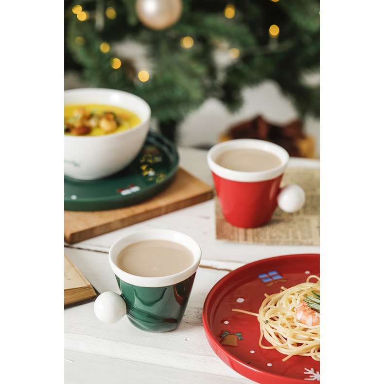 Set đĩa bát cốc gốm sứ hình ông già noel và người tuyết giáng sinh mẫu mới