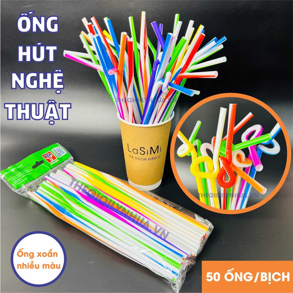 COMBO 200 ống hút xoắn, ống hút nghệ thuật 16 màu, ống hút lò xo dài dùng trang trí ly nước ép, các loại ly cao