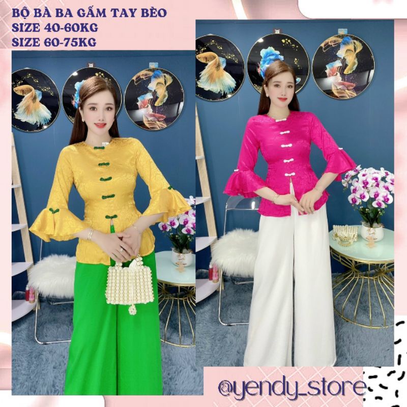Đồ Lam Đi Chùa - Bộ Bà Ba Cách Tân Áo Gấm Tay Loe Tiểu Thư